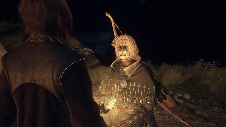 Dragon's Dogma 2 player character speaking with cat person pawn at campfire at night