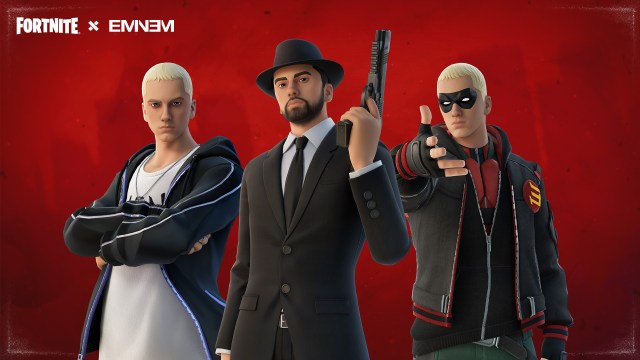 Three alternative Eminem skin styles in Fortnite.