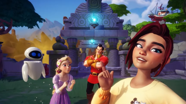The player taking a group selfie with Eve, Rapunzel, and Gaston.