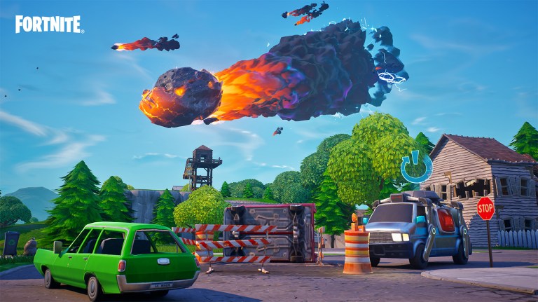 Meteors flying over cars and houses in Fortnite OG.