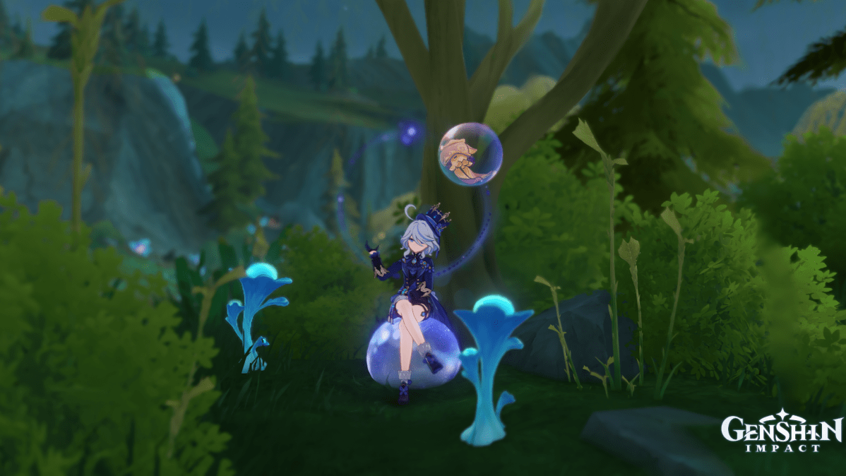 Furina sitting on a bubble by two Lakelight Lily.