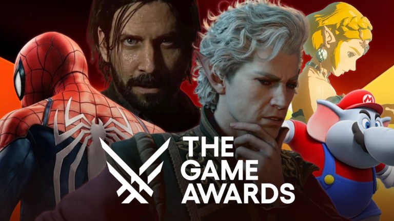 Game Awards 2023 contenders Spider-Man, Alan Wake, Baldurs Gate, Mario, and The Legend of Zelda together behind The Game Awards logo