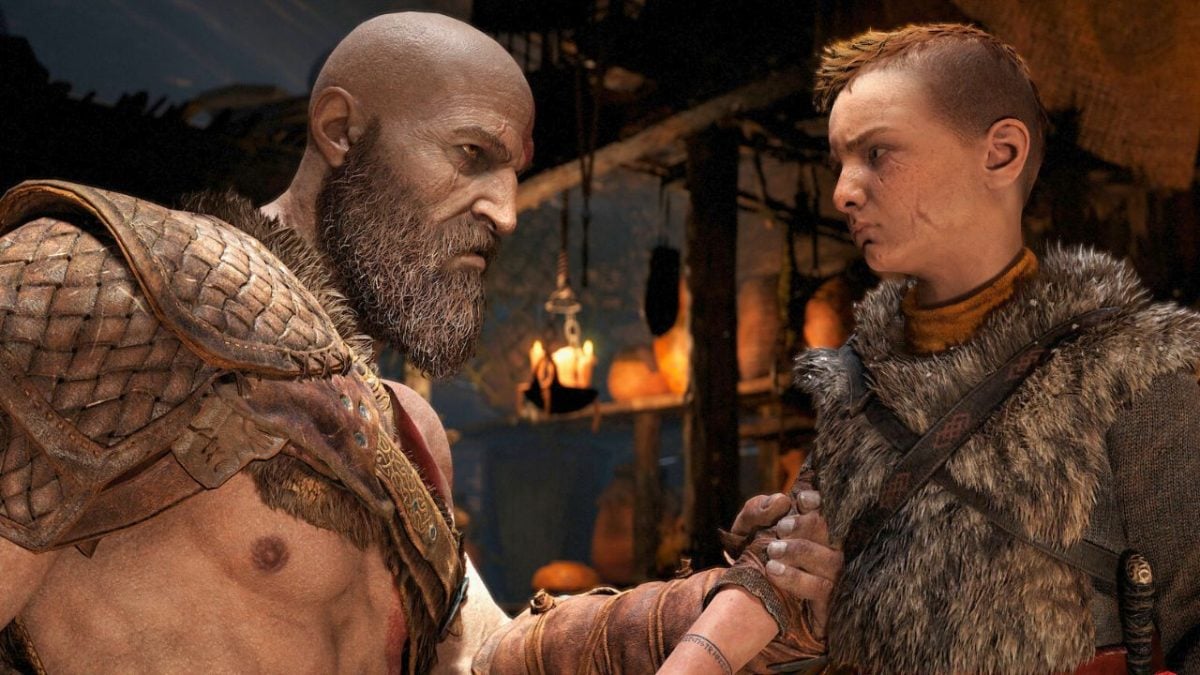 Man holding the arm of a boy in God of War