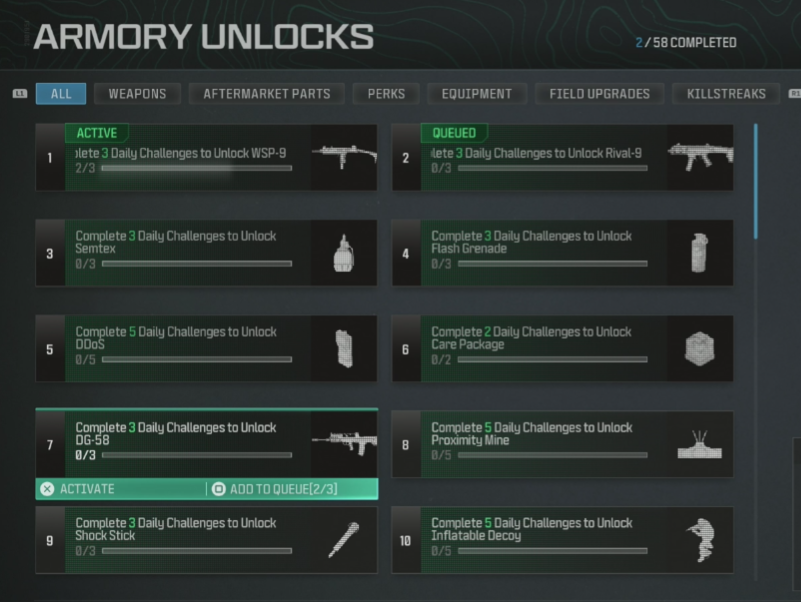 A screenshot of MW3's armory unlocks.