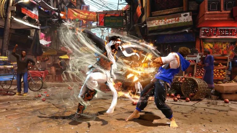 Street Fighter 6 characters fighting in a market