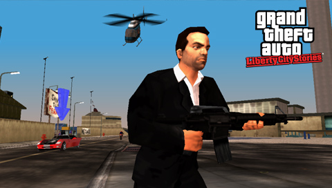 GTA Liberty City Stories screenshot, with a man holding an assault rifle and running from a helicopter.