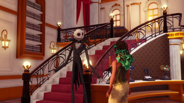 Jack Skellington smiling at a player while standing in Scrooge McDuck's shop.