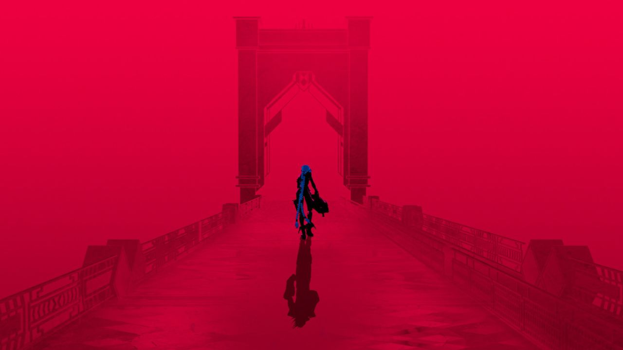 Jinx from league of Legends walking towards a bridge surrounded by red in Arcane season 2