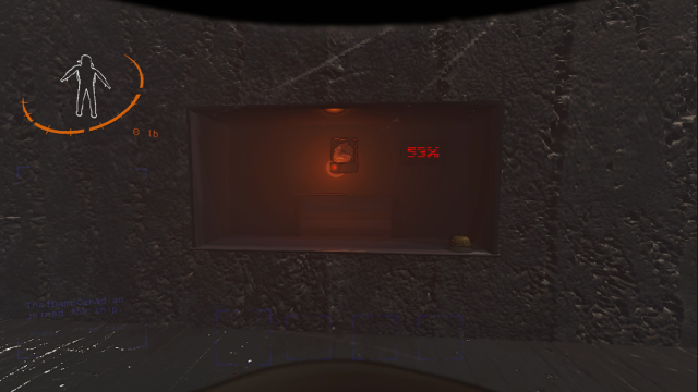 The counter of The Company Building, lit in red. A bell sits on the right hand side, and there's a slot in the middle.