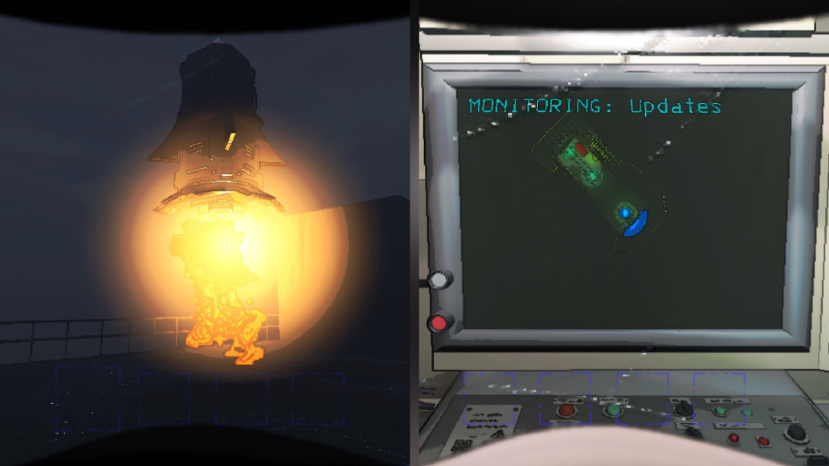 A montage of Lethal Company's cargo ship landing on the left and the ship terminal on the right.