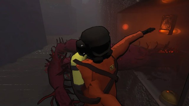 An employee of The Company in Lethal Company is being grabbed by a tentacle and pulled into the wall.