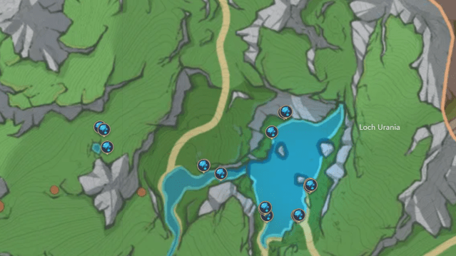 A map of the Loch Urania area with Lakelight Lily locations marked.