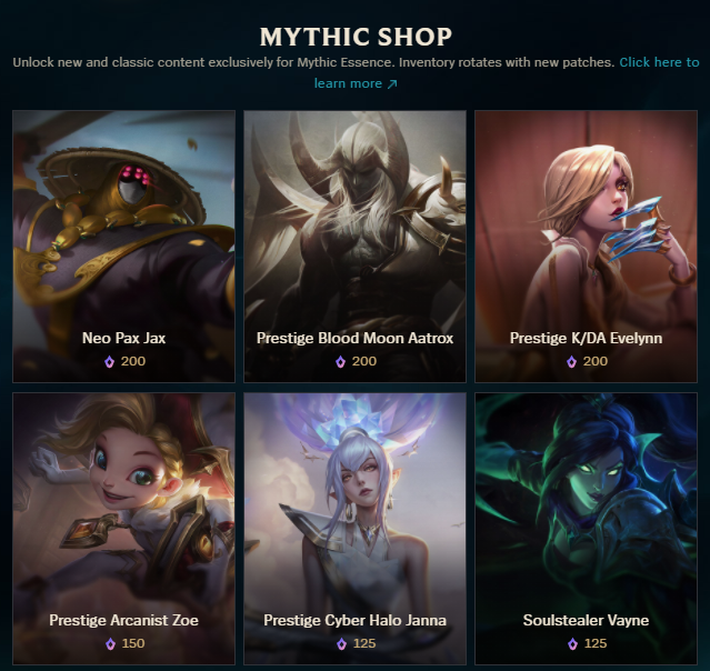 The November League of Legends Mythic Shop with Jax, Aatrox, Evelynn, Zoe, Janna, and Vayne skins for sale