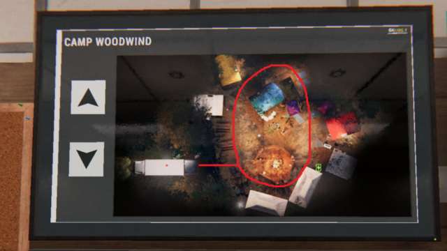 A map of Camp Woodwind with a circle drawn around it in Phasmophobia