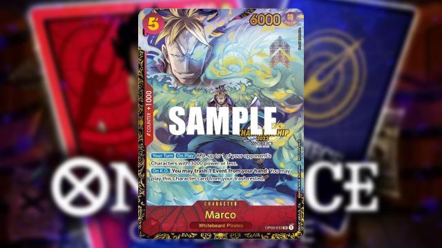 Marco from One Piece appears on a Red Treasure Cup Character card from the Bandai card game.