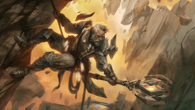 A man with a large mace and metal armor climbs down a mountain in MtG.