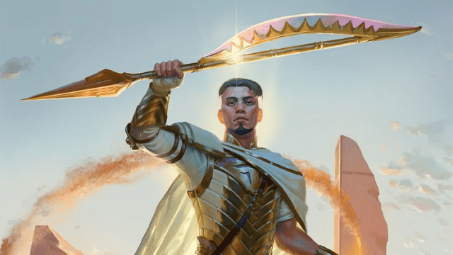 A dark-skinned Paladin in golden armor holds a glaive aloft, which gleams in the sun in MtG.