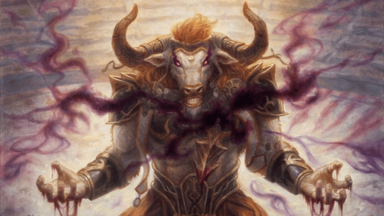 A minotaur man channels shadow energy into himself in MtG.