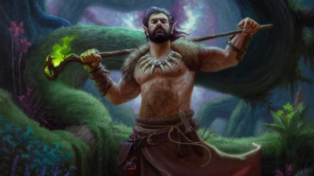 An Elven Druid, barechested with a glowing green staff, sits at the base of a massive series of roots in MtG.