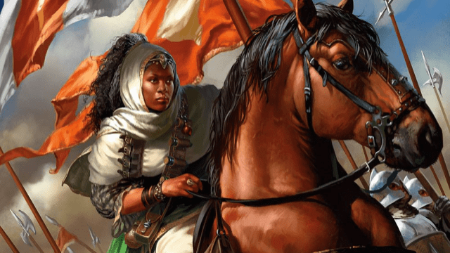 A Cleric with a hood wrap and battle armor sits on the back of a warhorse, sword in hand, as she and her army ride forward in MtG.