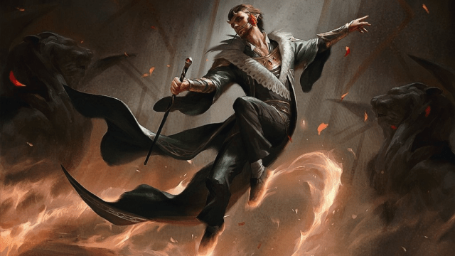 An elven man in robes levitates above the ground, red lines decorating the air around him, in MtG.