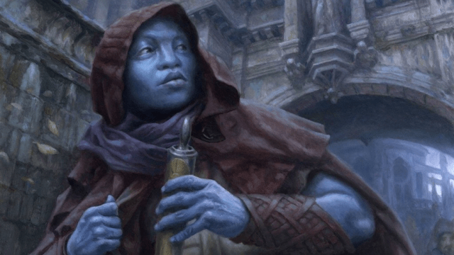 A blue-skinned person wearing a leather shawl hides a potion in a city of MtG.