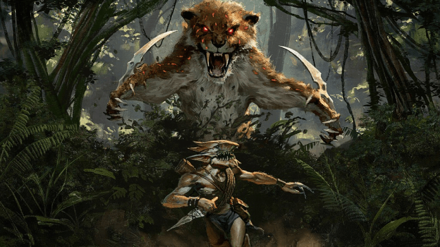 A large cat dives above an unsuspecting goblin creature in the middle of a jungle in MtG.