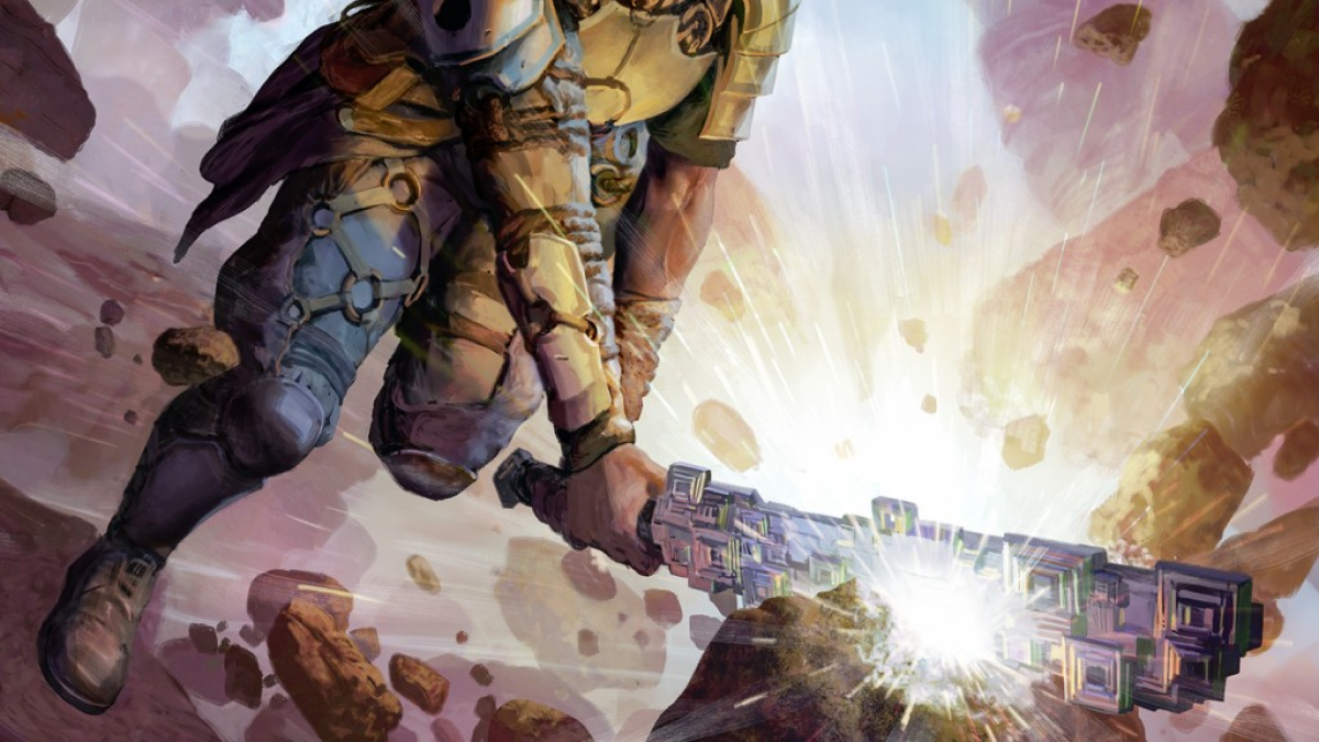 A person in stone armor swings a club down onto a rock, shattering it, in MtG.