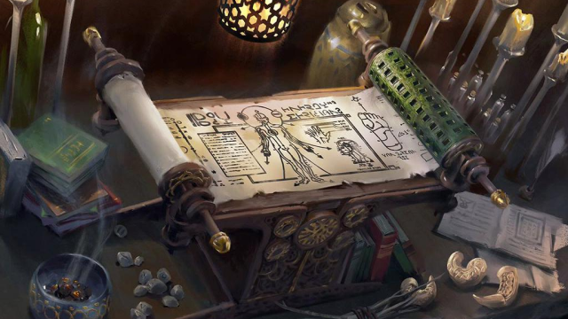 A scroll with various information, like a diagram of a person, sits on a cluttered desk in MtG.