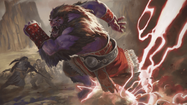 A large hairy creature sprints with lightning striking its feet through a rocky canyon in MtG.
