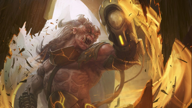 A massive muscular humanoid swings a steel fist at a wall in MtG.