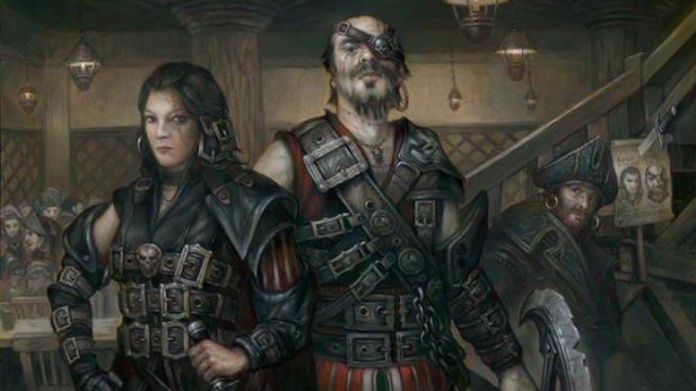 Three rogues, in leather armor, stand in a tavern, a wanted sign with their faces on it positioned to the right in MtG.