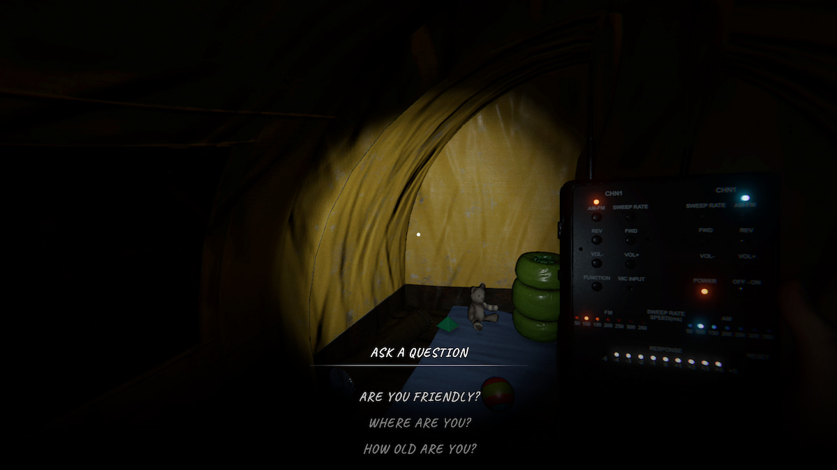 A ghost replying through a Spirit Box while the player stands in a yellow tent in Phasmophobia.