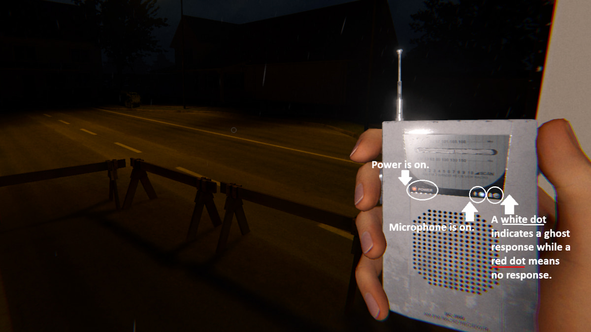 A Tier I Spirit Box in Phasmophobia with all of its functions marked.