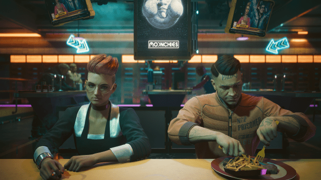 Joshua and Rachel sitting at a booth in a diner in Cyberpunk 2077.