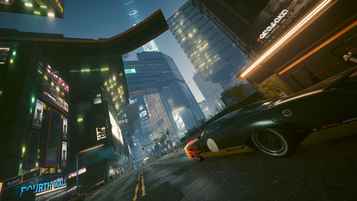 A muscle car racing down a street in Night City. The framing is stylized and "cool."
