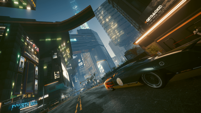 A muscle car racing down a street in Night City. The framing is stylized and "cool."