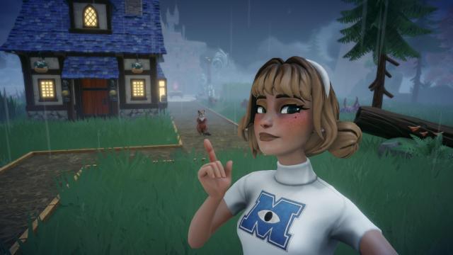 The player pointing at a raccoon.