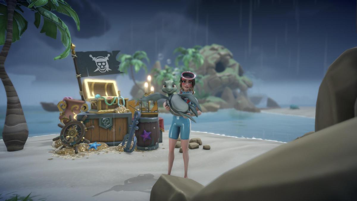 The player wearing scuba gear and holding a waving Sea turtle on the beach.