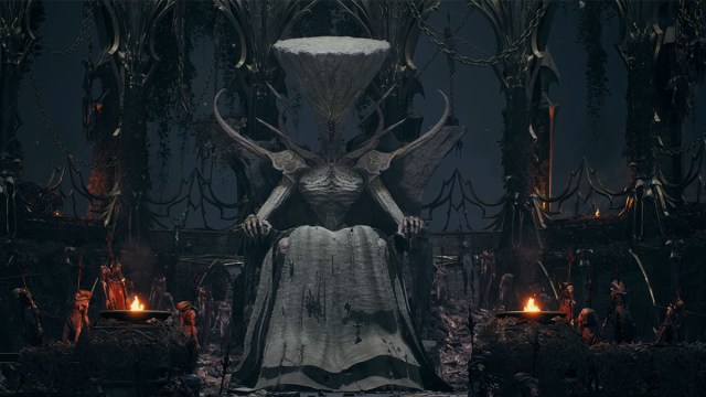 A giant regal figure sits in ashen white upon a throne in Remnant 2's The Awakened King DLC.