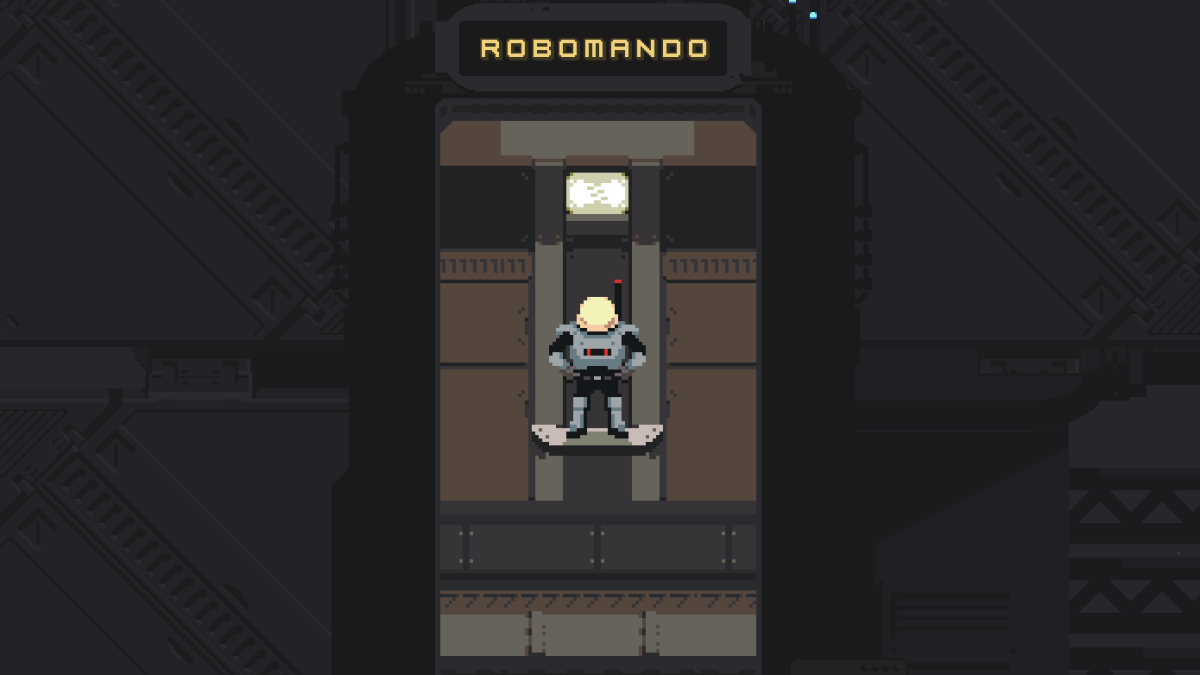 A small robot stands on a chair, the word Robomando printed above it, in Risk of Rain Returns.