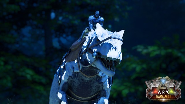 A player riding an S-Allosaurus in the Svartalfheim mod for Ark: Survival Ascended.