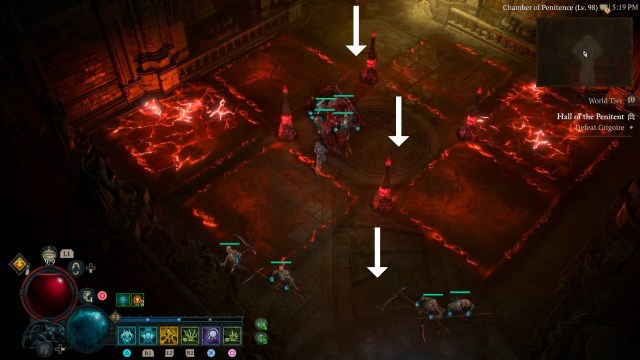 white arrows showing the safe zone during grigoire's lightning grid attack in diablo 4