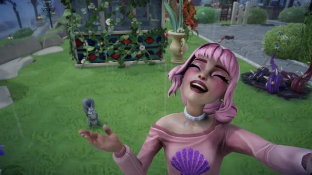 A player taking a selfie with a squirrel in Disney Dreamlight Valley.