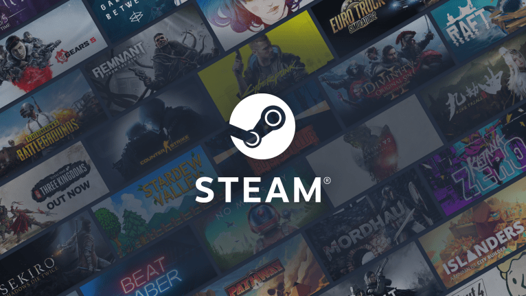 The Steam logo over its collection of games