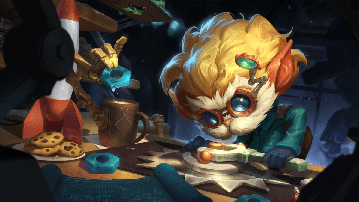 League of Legends champion Heimerdinger bends over a work station making a technology creation