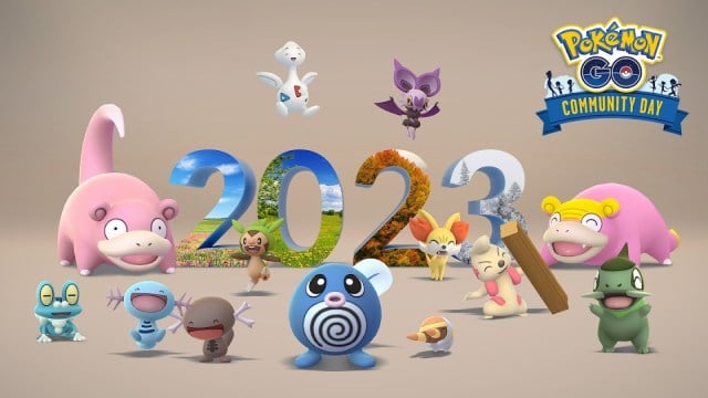 A promotional image for the December 2023 community day in Pokemon Go featuring a bunch of Pokemon.