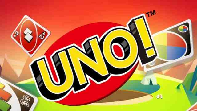 The UNO! logo is simple and colored in bold yellow backed by a red oval. UNO! cards fly around the mountainous scenery behind.