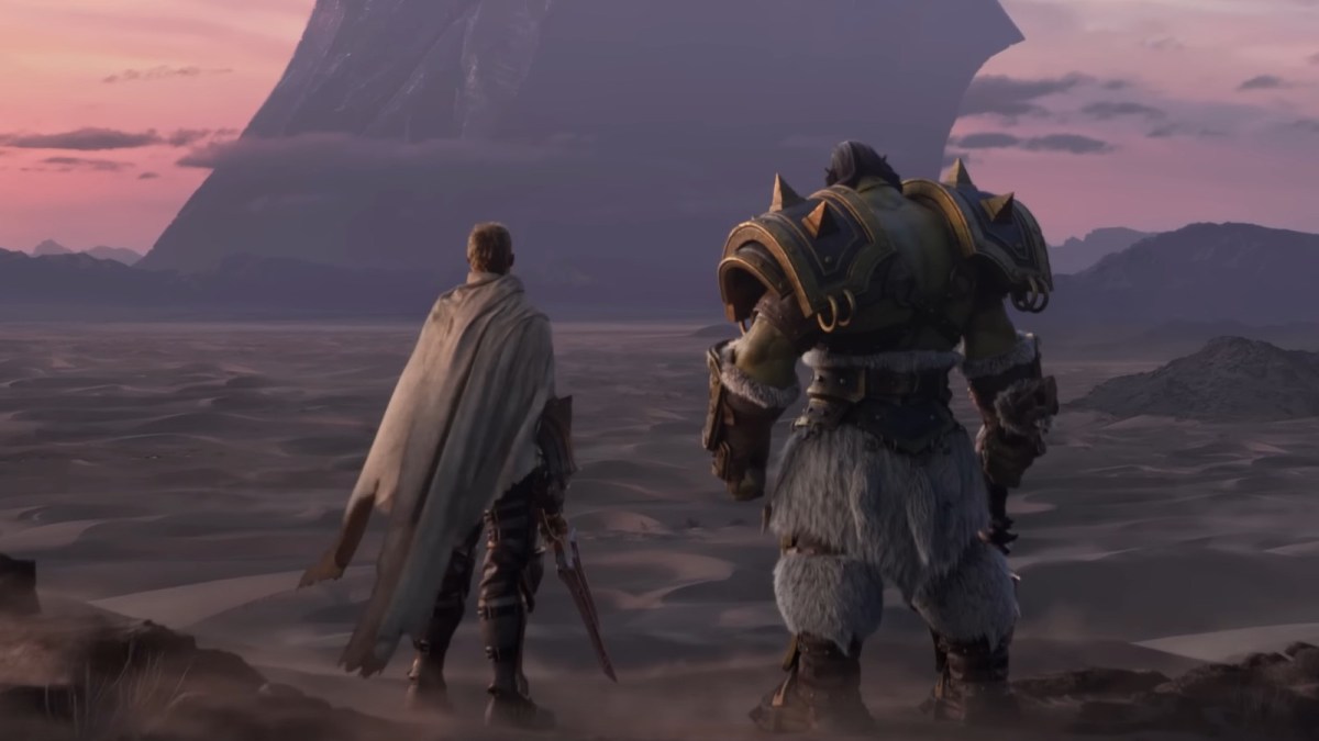 A human and an orc staring into the horizon in a WoW desert.