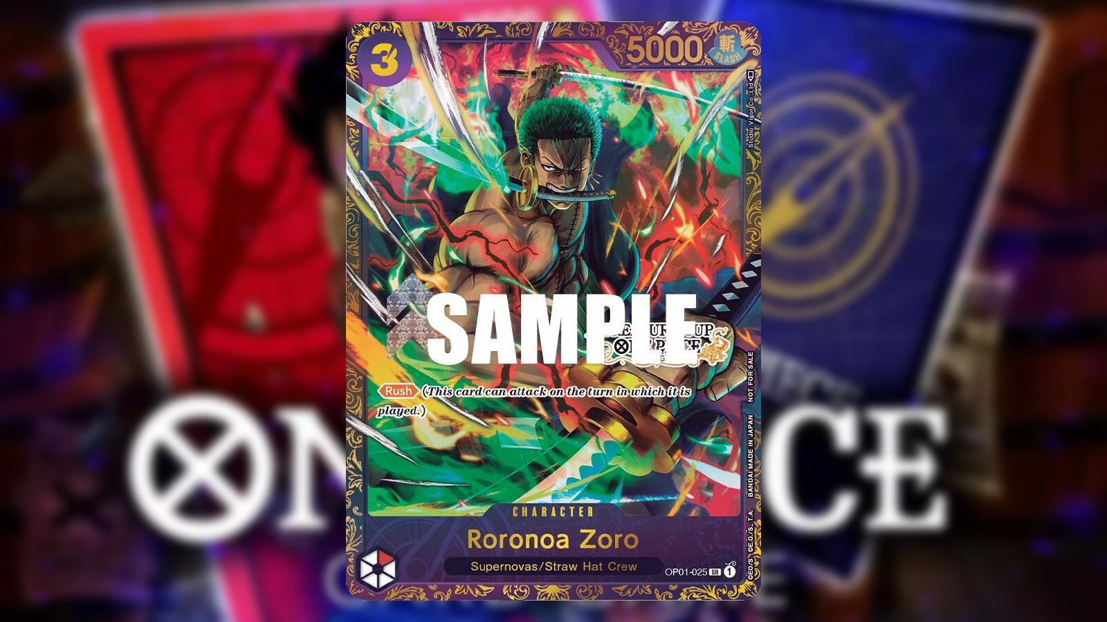 Zoro from One Piece appears on a Red Treasure Cup Character card from the Bandai card game.